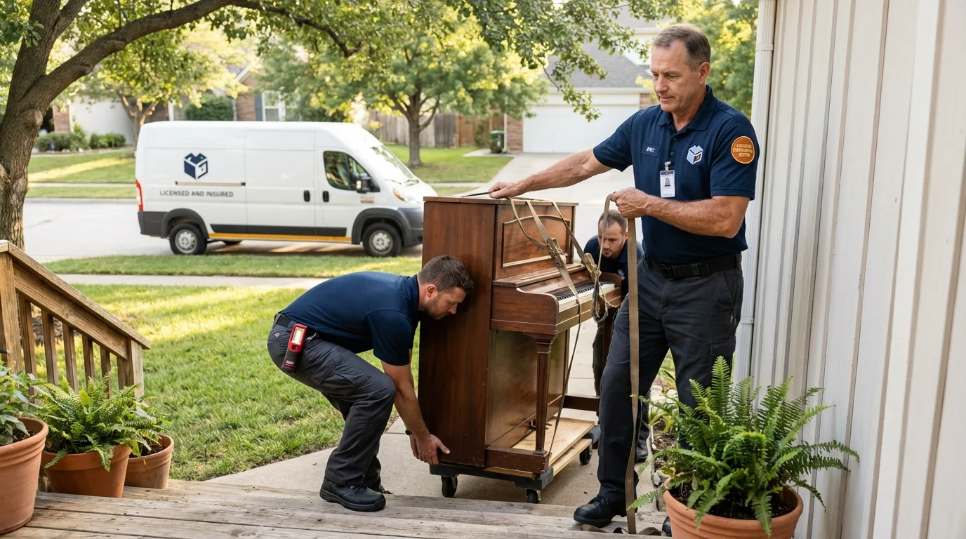 Licensed piano movers securing grand piano in Jeannette, PA
