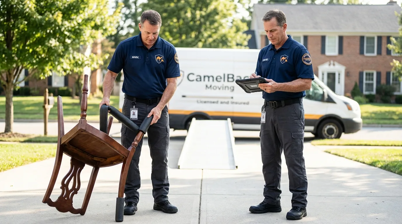 Movers inspecting furniture for damage prevention before loading in Jeannette, PA