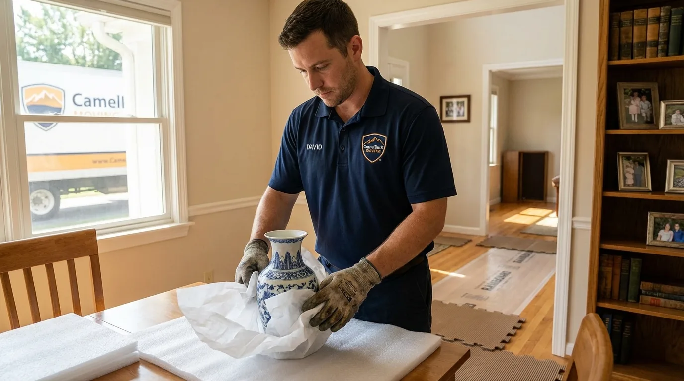 Professional crew carefully wrapping antique vase for senior downsizing move in Jeannette, PA